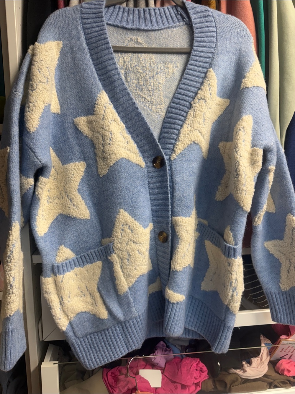 Cozy Blue Star Pattern Cardigan Sweater